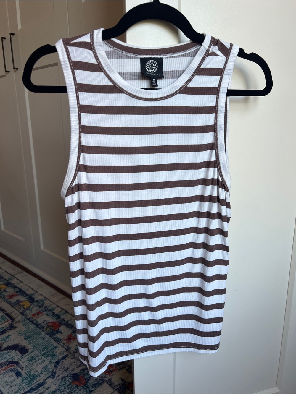 Bobeau Brown White Striped Ribbed Knit High Neck Tank Top Medium Rayon Stretch